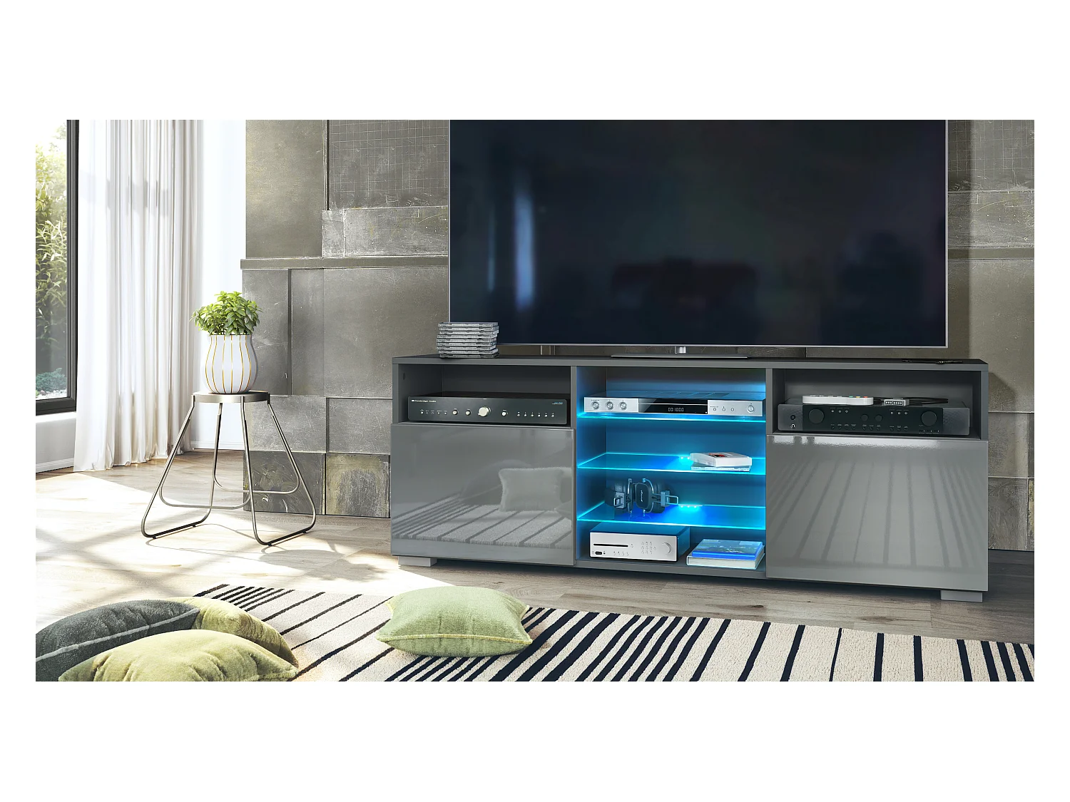 Meuble TV Granada, Lowboard avec 2 portes et 6 compartiments ouverts, corps anthracite mat, façades en gris brillant avec éclairage LED RVB  (146 x 54 x 35 cm)