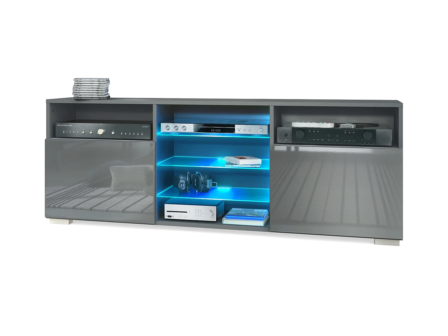 Meuble TV Granada, Lowboard avec 2 portes et 6 compartiments ouverts, corps anthracite mat, façades en gris brillant avec éclairage LED RVB  (146 x 54 x 35 cm)
