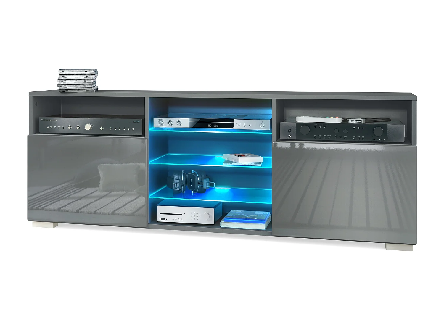 Meuble TV Granada, Lowboard avec 2 portes et 6 compartiments ouverts, corps anthracite mat, façades en gris brillant avec éclairage LED RVB  (146 x 54 x 35 cm)