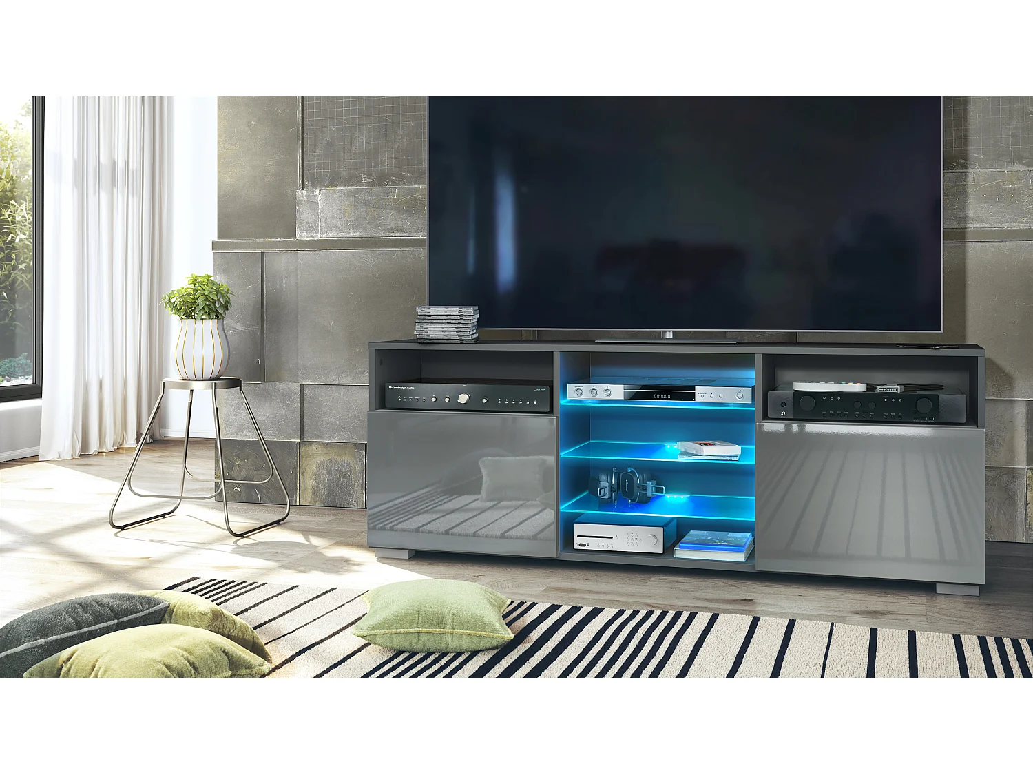 Meuble TV Granada, Lowboard avec 2 portes et 6 compartiments ouverts, corps anthracite mat, façades en gris brillant avec éclairage LED RVB  (146 x 54 x 35 cm)