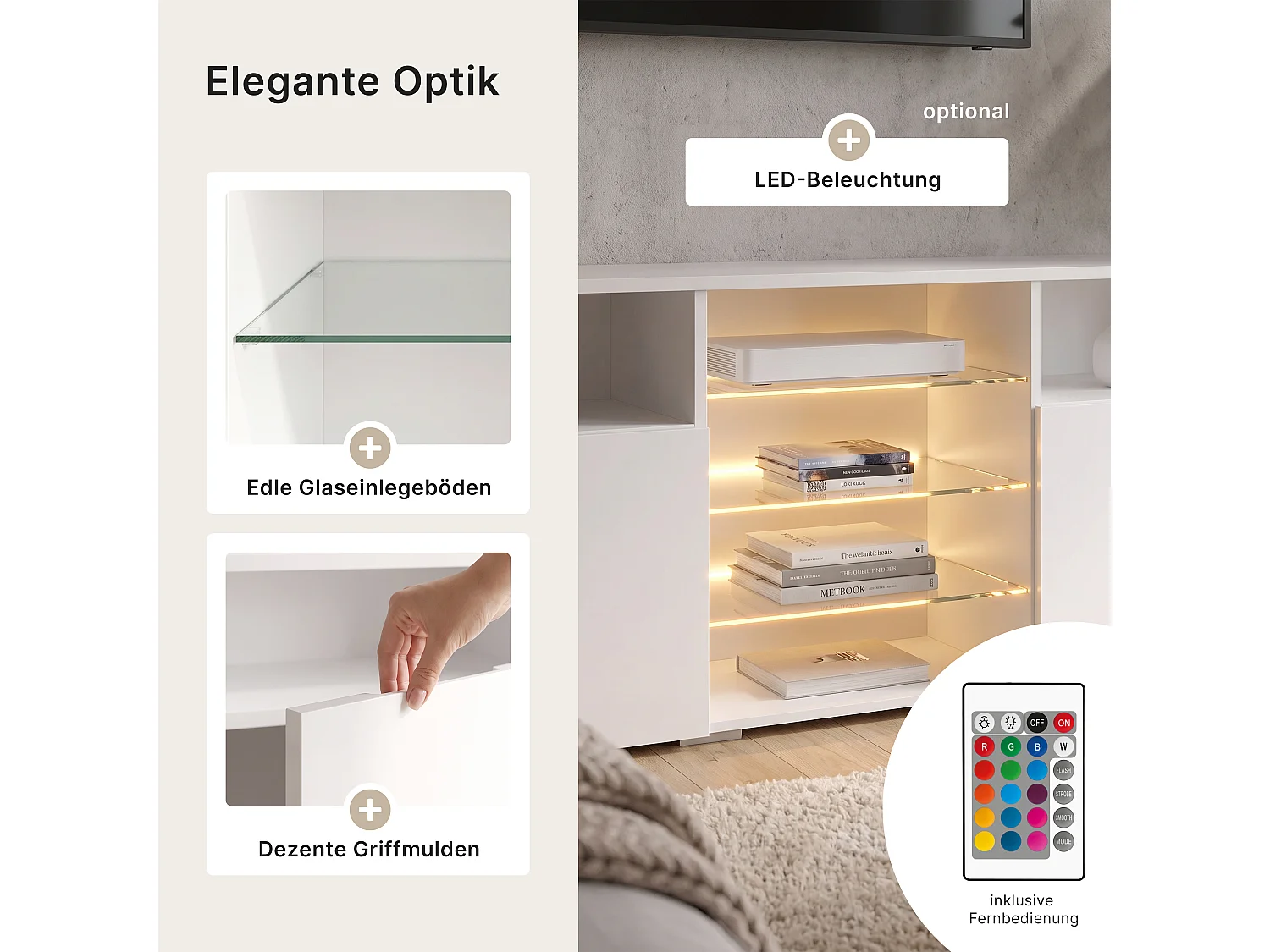 Meuble TV Granada, Lowboard avec 2 portes et 6 compartiments ouverts, corps anthracite mat, façades en gris brillant avec éclairage LED RVB  (146 x 54 x 35 cm)