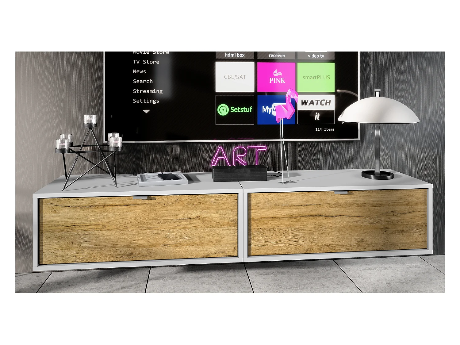 Ensemble de 2 set meuble TV Lana 80, lowboards de 80 x 29 x 37 cm chacun avec beaucoup d'espace de rangement, caisson en Blanc mat, façades en Chêne Nature