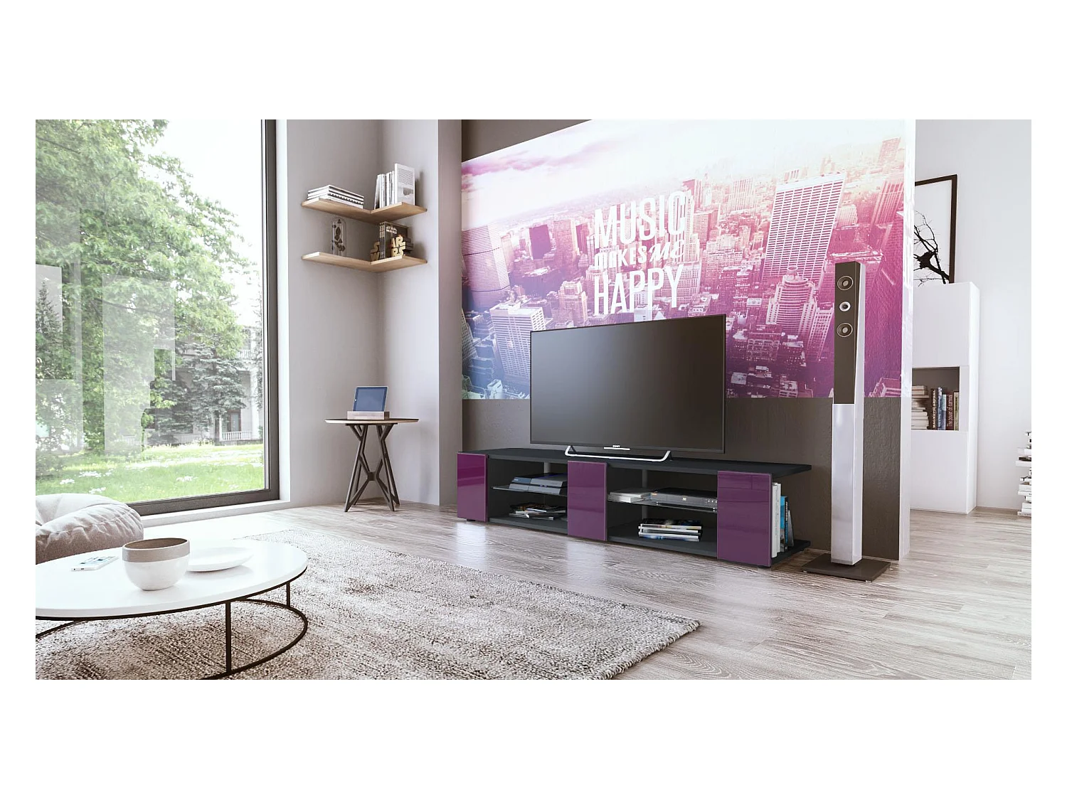 Buffet bas Movie V2, Meuble TV avec 6 compartiments ouverts et placages décoratifs, Noir mat/Mûre haute brillance (134 x 29 x 39 cm)