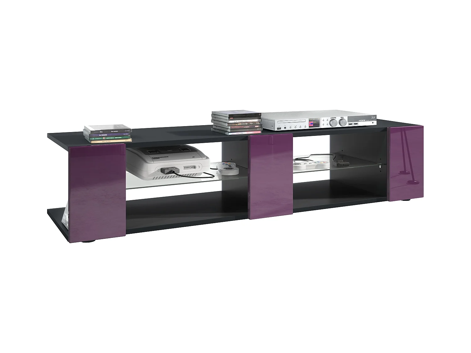 Buffet bas Movie V2, Meuble TV avec 6 compartiments ouverts et placages décoratifs, Noir mat/Mûre haute brillance (134 x 29 x 39 cm)