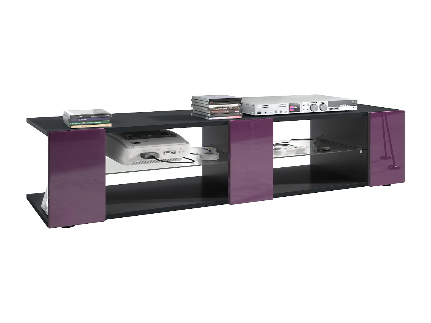 Buffet bas Movie V2, Meuble TV avec 6 compartiments ouverts et placages décoratifs, Noir mat/Mûre haute brillance (134 x 29 x 39 cm)