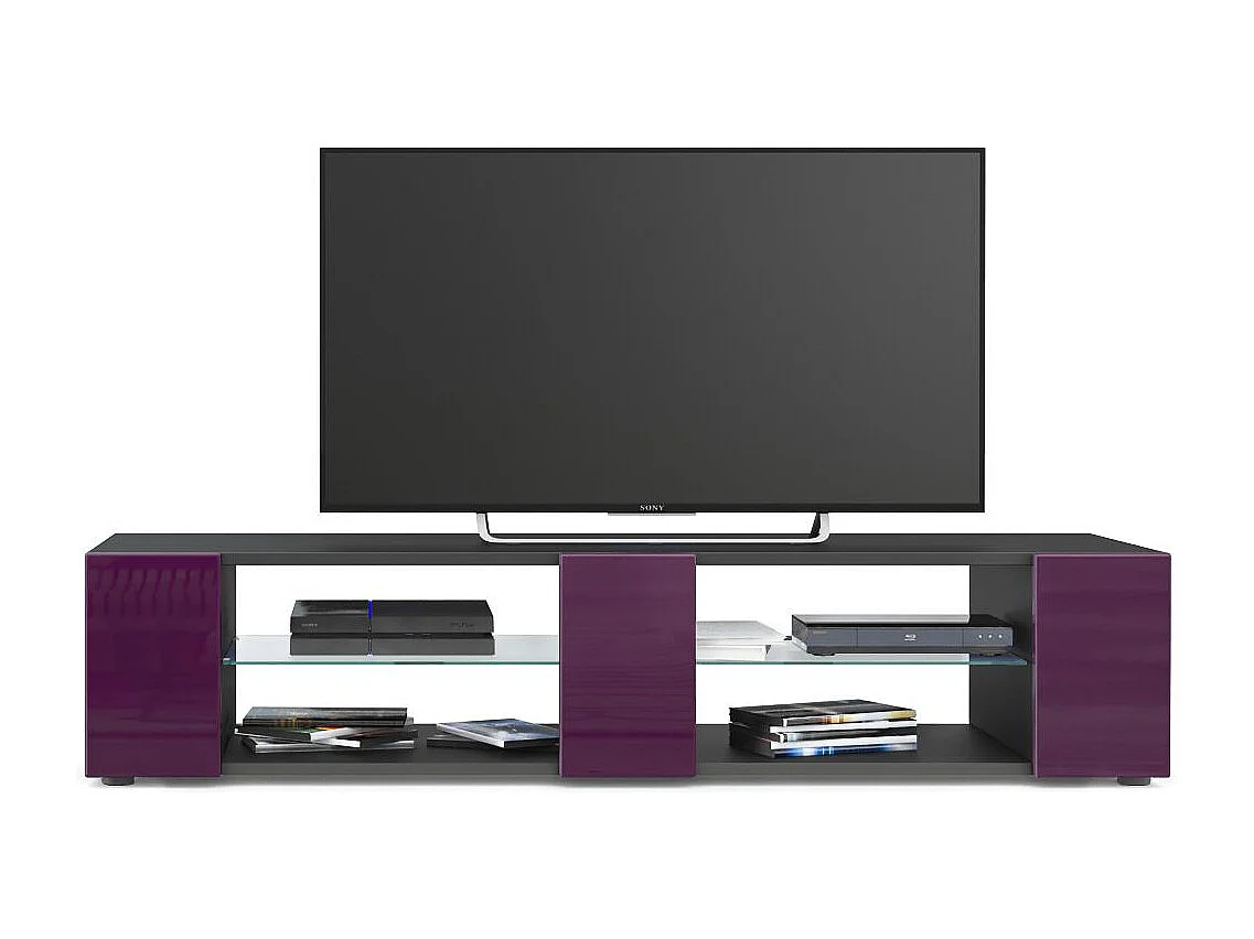 Buffet bas Movie V2, Meuble TV avec 6 compartiments ouverts et placages décoratifs, Noir mat/Mûre haute brillance (134 x 29 x 39 cm)