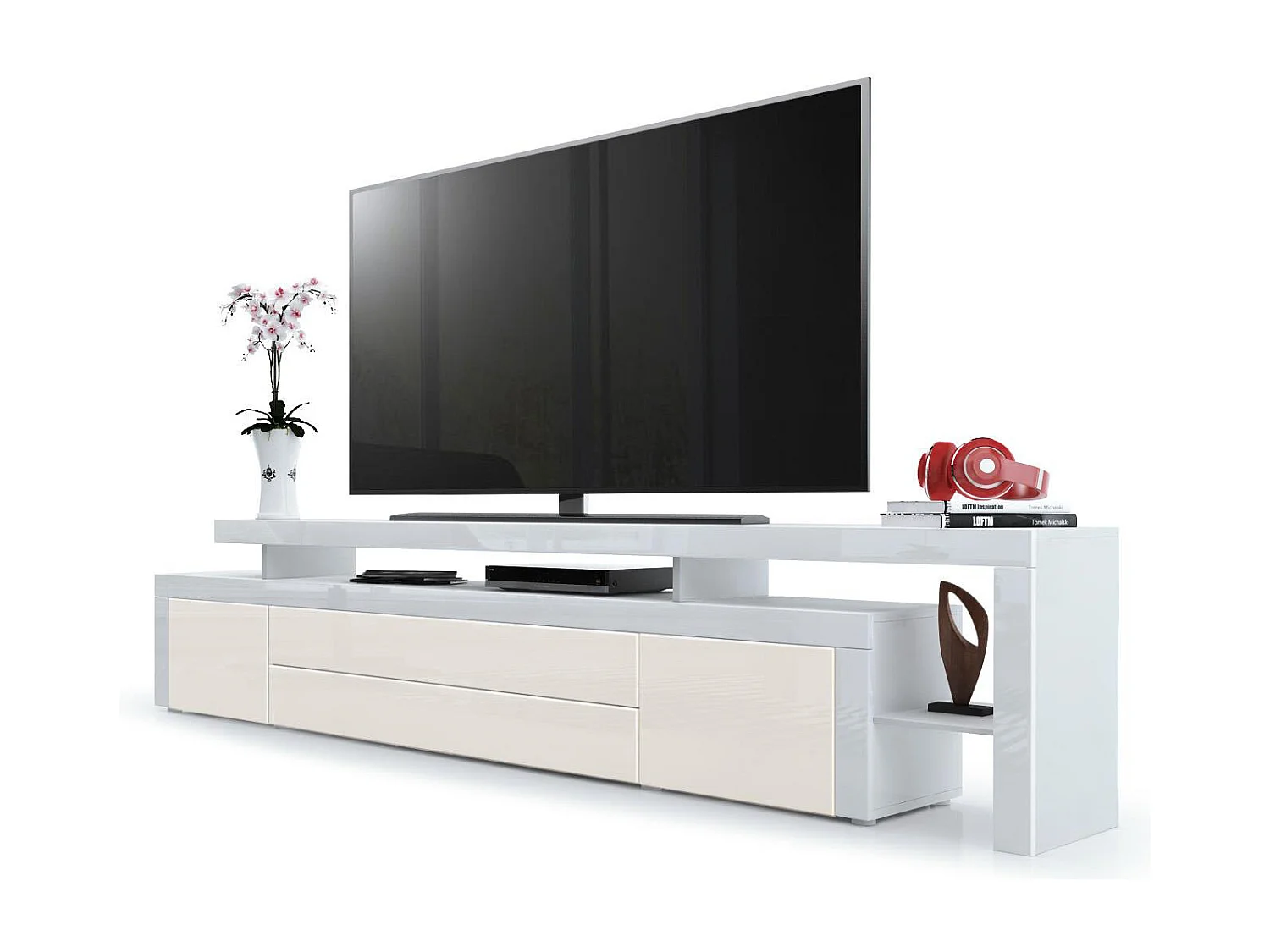 Meuble TV bas Leon, Corps en blanc mat / Façades en crème haute brillance avec une bodure en blanc haute brillance (227 x 52 x 35 cm)