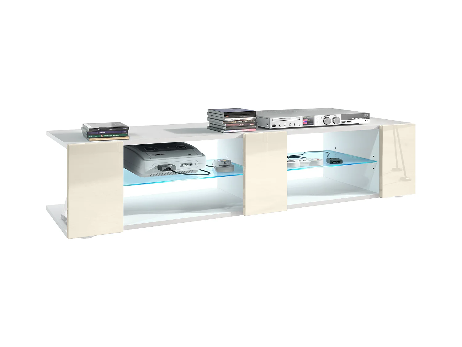 Buffet bas Movie V2, Meuble TV avec 6 compartiments ouverts et placages décoratifs, Blanc mat/Crème brillant, éclairage LED bleu inclus (134 x 29 x 39 cm)