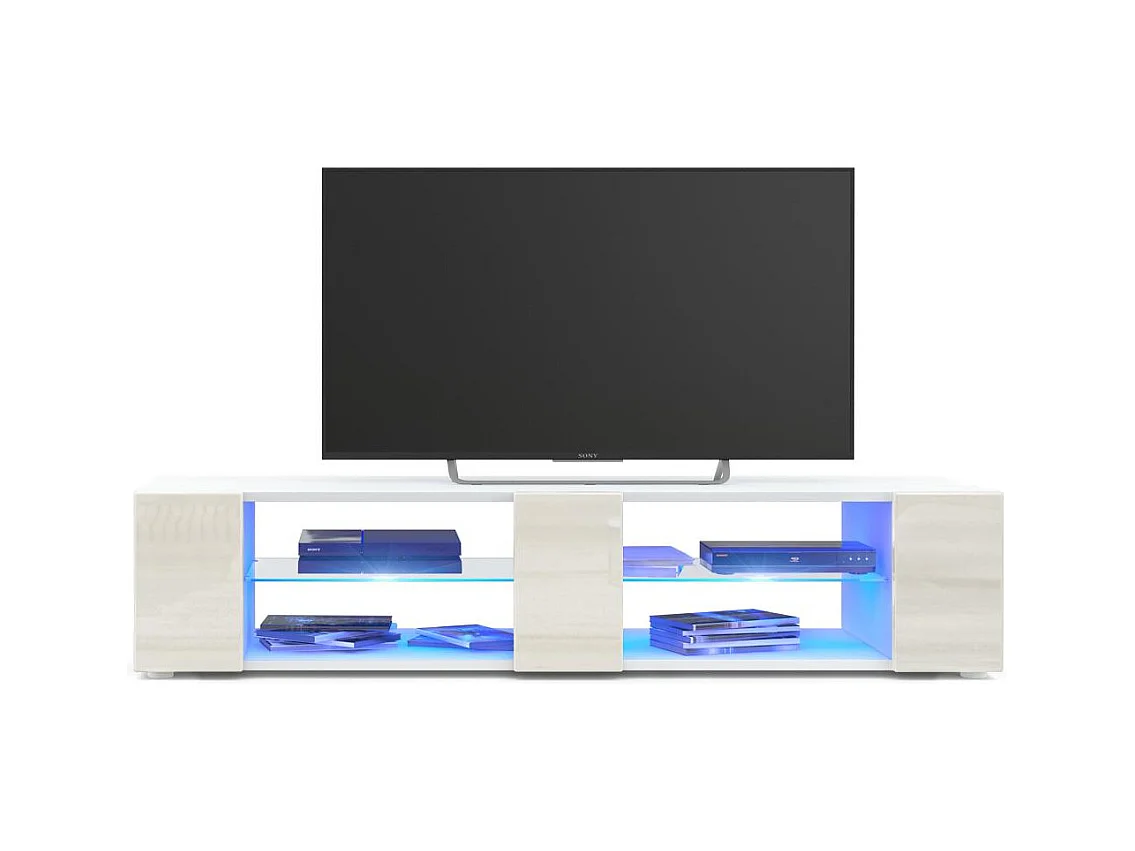 Buffet bas Movie V2, Meuble TV avec 6 compartiments ouverts et placages décoratifs, Blanc mat/Crème brillant, éclairage LED bleu inclus (134 x 29 x 39 cm)