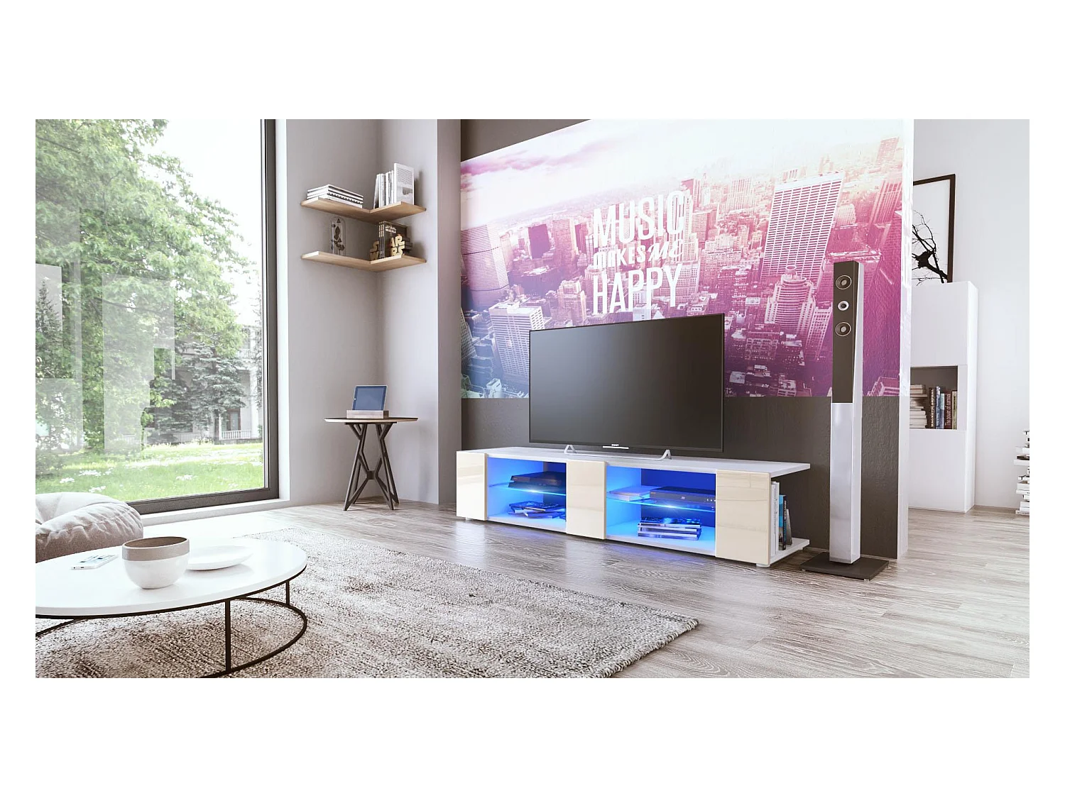 Buffet bas Movie V2, Meuble TV avec 6 compartiments ouverts et placages décoratifs, Blanc mat/Crème brillant, éclairage LED bleu inclus (134 x 29 x 39 cm)