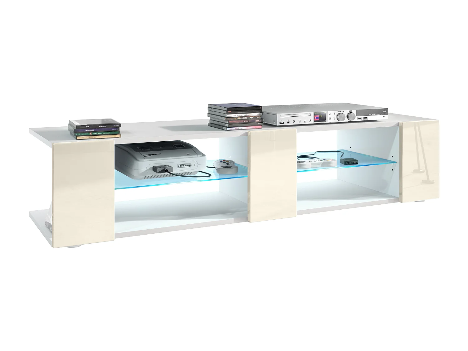 Buffet bas Movie V2, Meuble TV avec 6 compartiments ouverts et placages décoratifs, Blanc mat/Crème brillant, éclairage LED bleu inclus (134 x 29 x 39 cm)