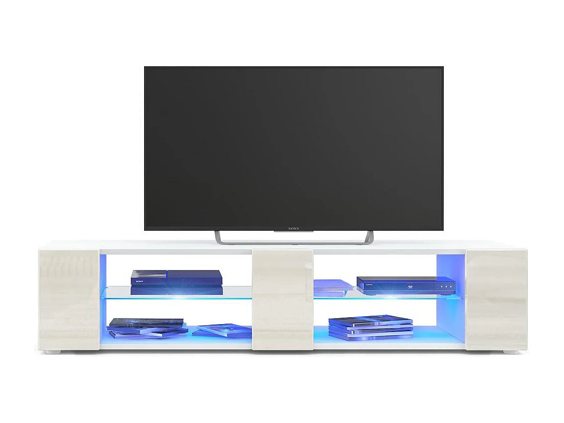 Buffet bas Movie V2, Meuble TV avec 6 compartiments ouverts et placages décoratifs, Blanc mat/Crème brillant, éclairage LED bleu inclus (134 x 29 x 39 cm)