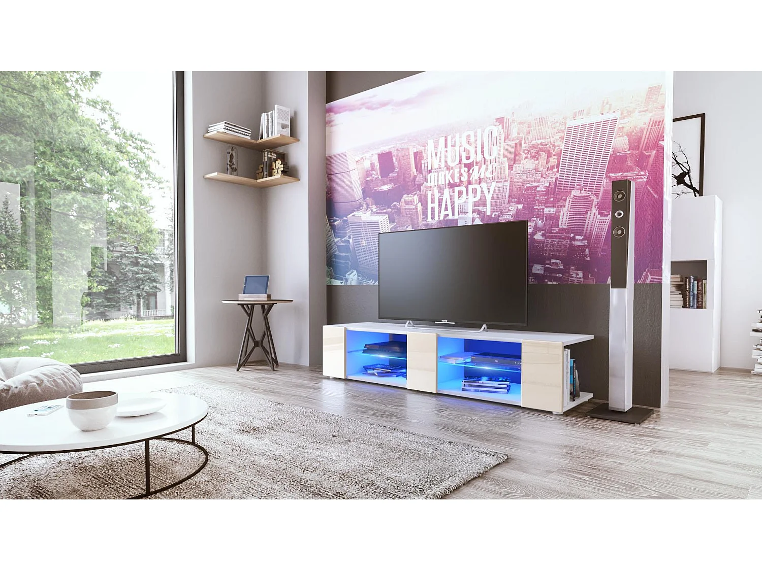 Buffet bas Movie V2, Meuble TV avec 6 compartiments ouverts et placages décoratifs, Blanc mat/Crème brillant, éclairage LED bleu inclus (134 x 29 x 39 cm)