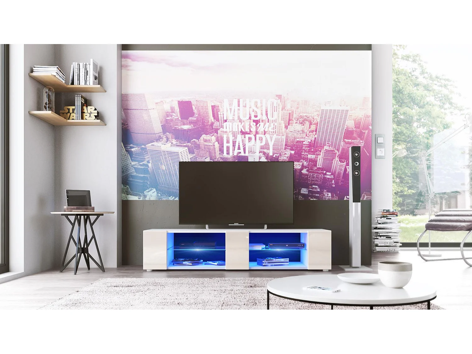 Buffet bas Movie V2, Meuble TV avec 6 compartiments ouverts et placages décoratifs, Blanc mat/Crème brillant, éclairage LED bleu inclus (134 x 29 x 39 cm)