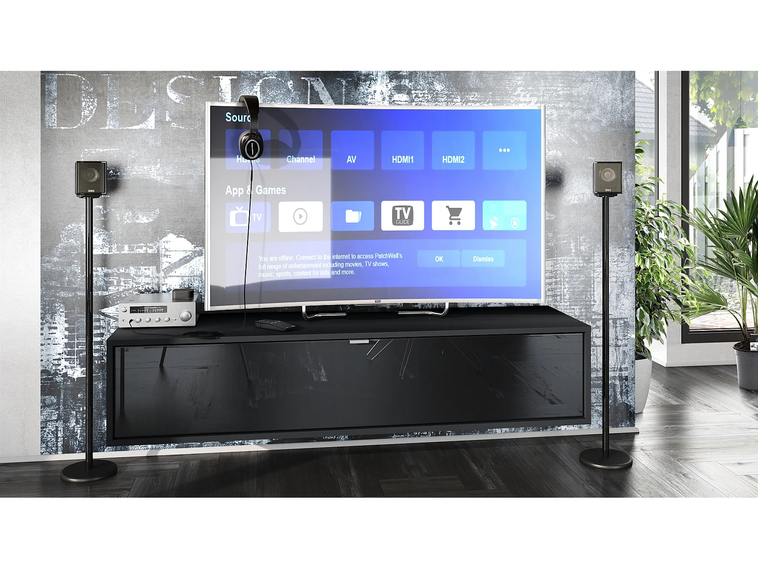 Meuble TV Lana 140 armoire murale lowboard 140 x 29 x 37 cm, caisson en Noir mat, façades en noir haute brillance | Grand choix de couleurs