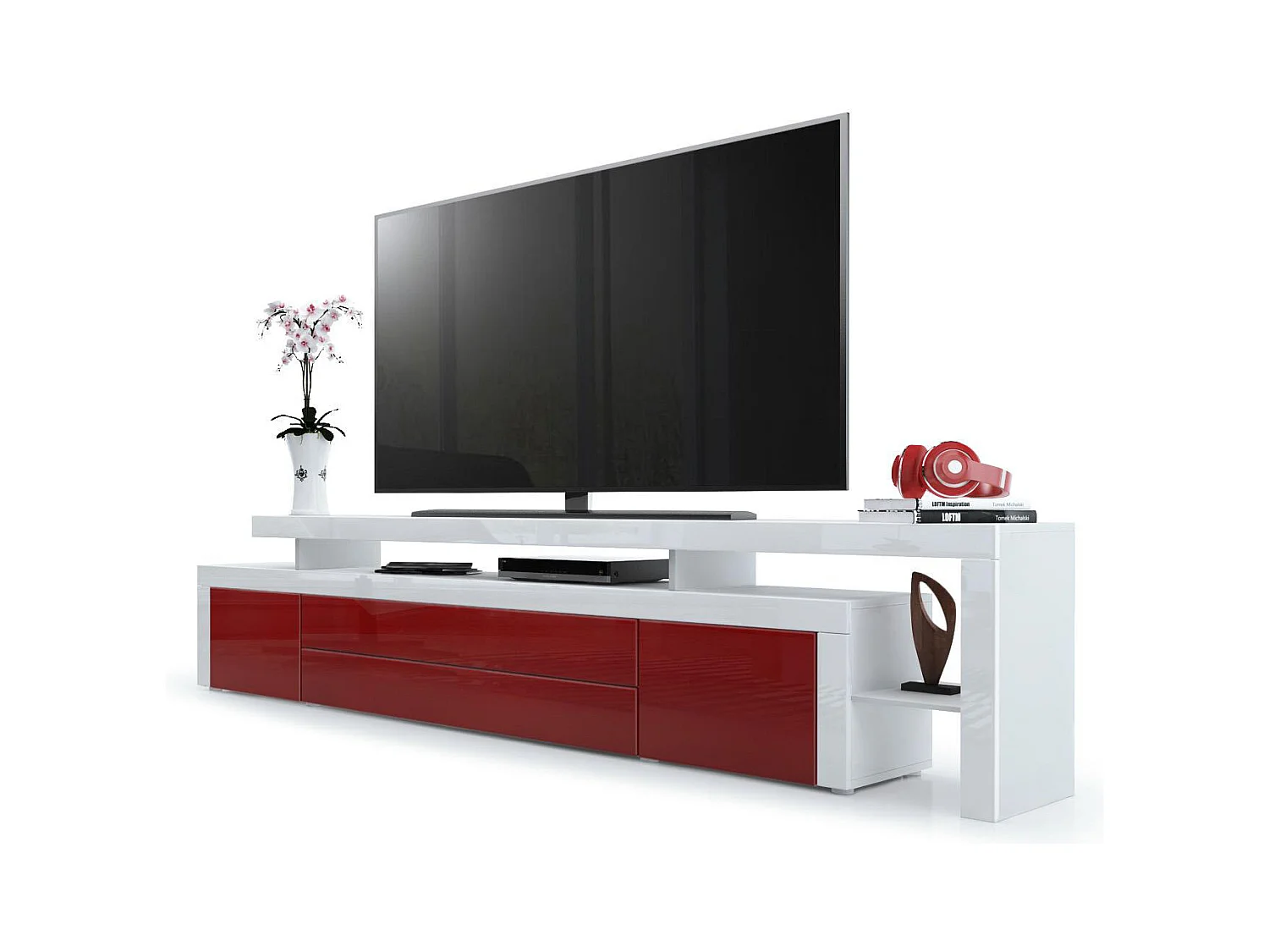 Meuble TV bas Leon, Corps en blanc mat / Façades en bordeaux haute brillance avec une bodure en blanc haute brillance (227 x 52 x 35 cm)