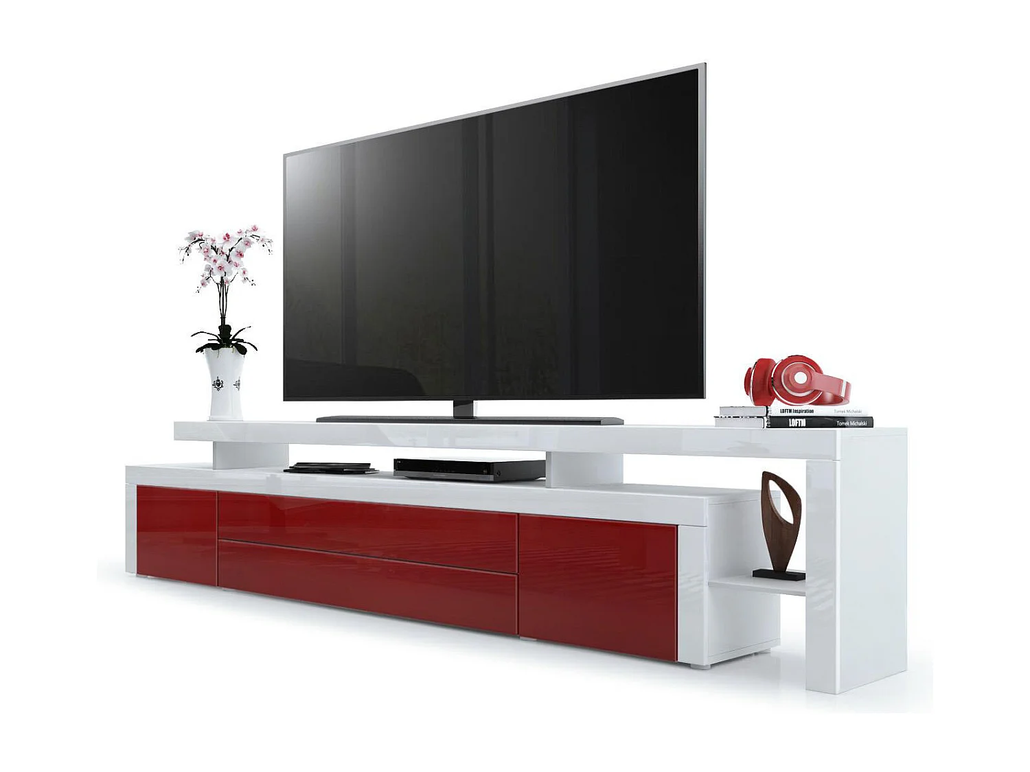 Mobile porta-tv Leon, Carcassa e supporto rialzato in bianco opaco / Frontale in bordeaux lucido con cornice in bianco lucido (227 x 52 x 35 cm)