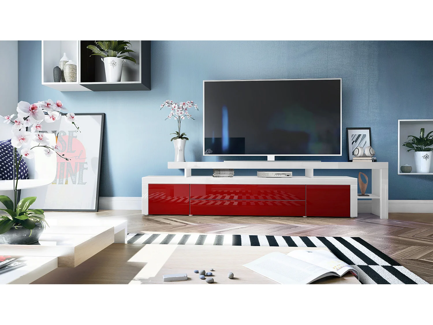 Mobile porta-tv Leon, Carcassa e supporto rialzato in bianco opaco / Frontale in bordeaux lucido con cornice in bianco lucido (227 x 52 x 35 cm)