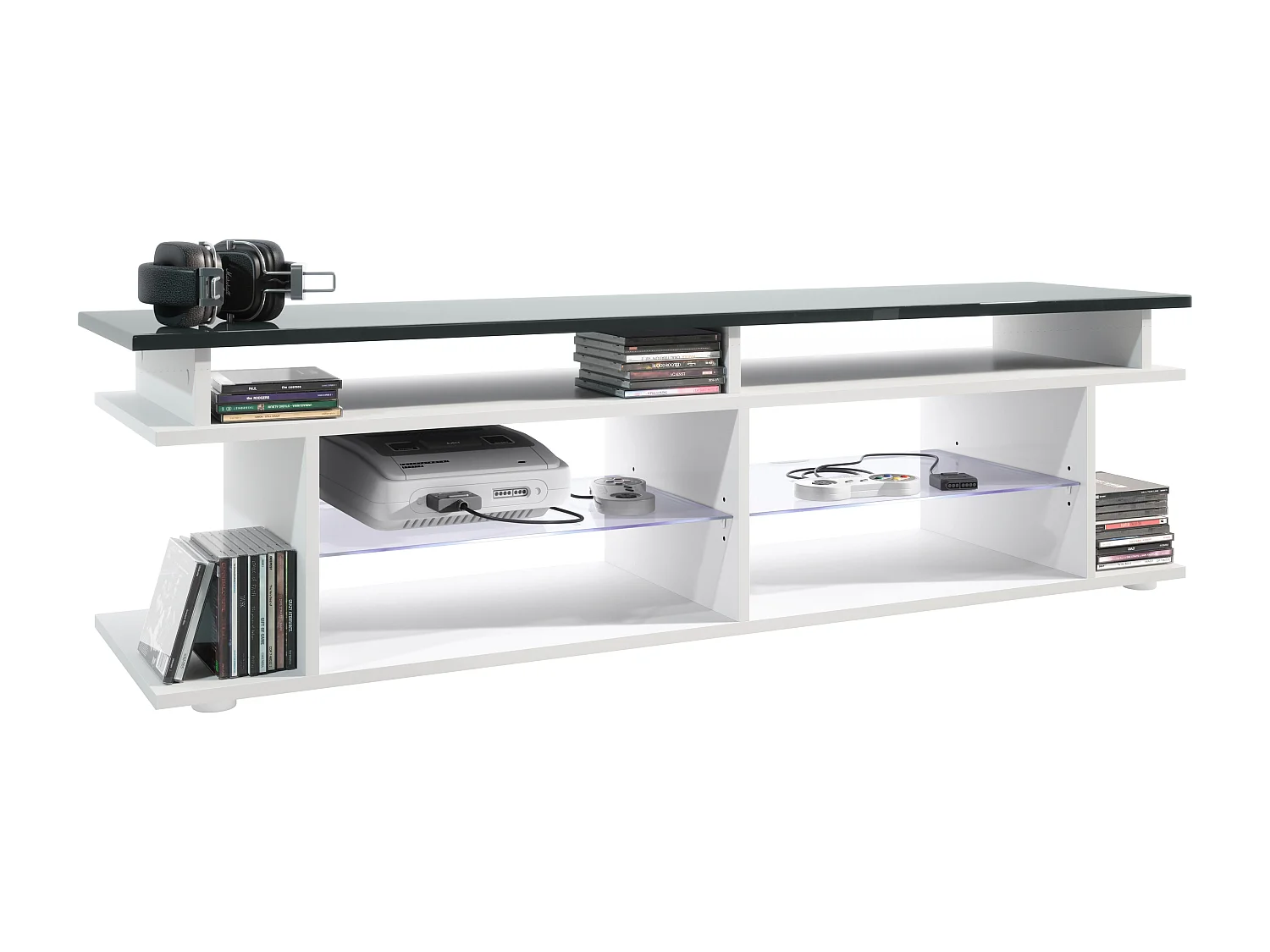 TV Board Movie V3 Game On 138,5 x 39 x 37,5 cm éclairage LED inclus Bleu, caisson en blanc mat, élément supérieur en gris haute brillance