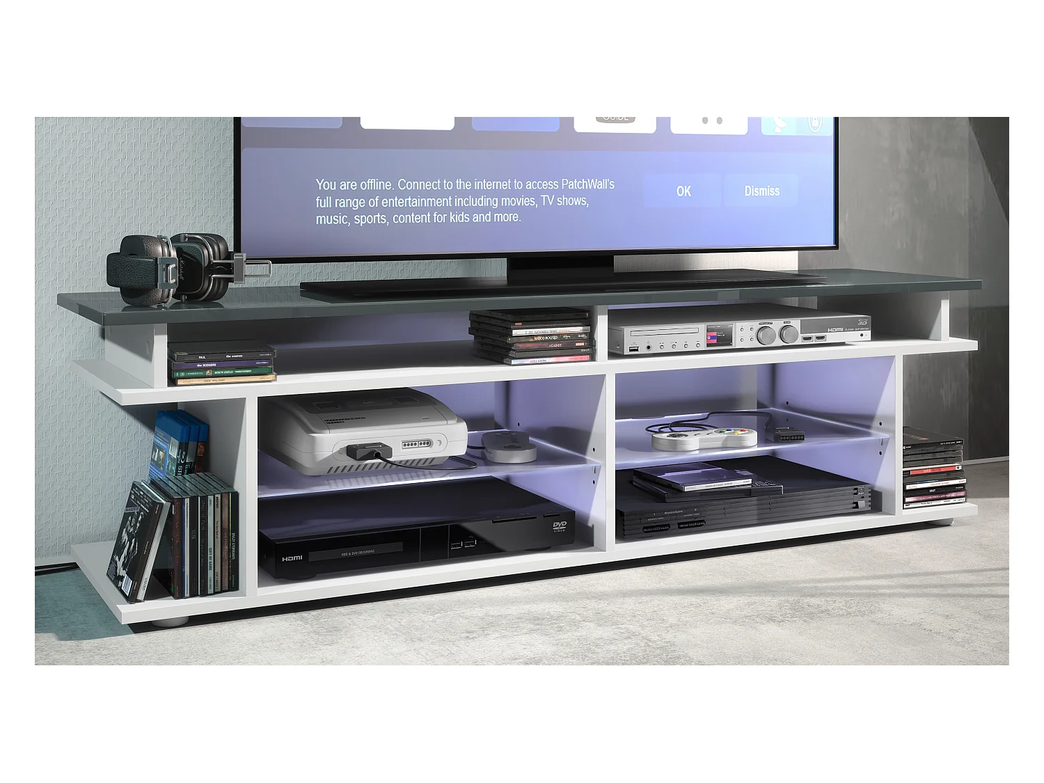 TV Board Movie V3 Game On 138,5 x 39 x 37,5 cm éclairage LED inclus Bleu, caisson en blanc mat, élément supérieur en gris haute brillance