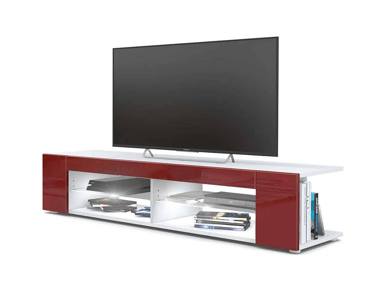 Buffet bas Movie, Meuble TV avec 4 compartiments ouverts et placages décoratifs, Blanc mat/Bordeaux brillant, éclairage LED blanc inclus (134 x 29 x 39 cm)
