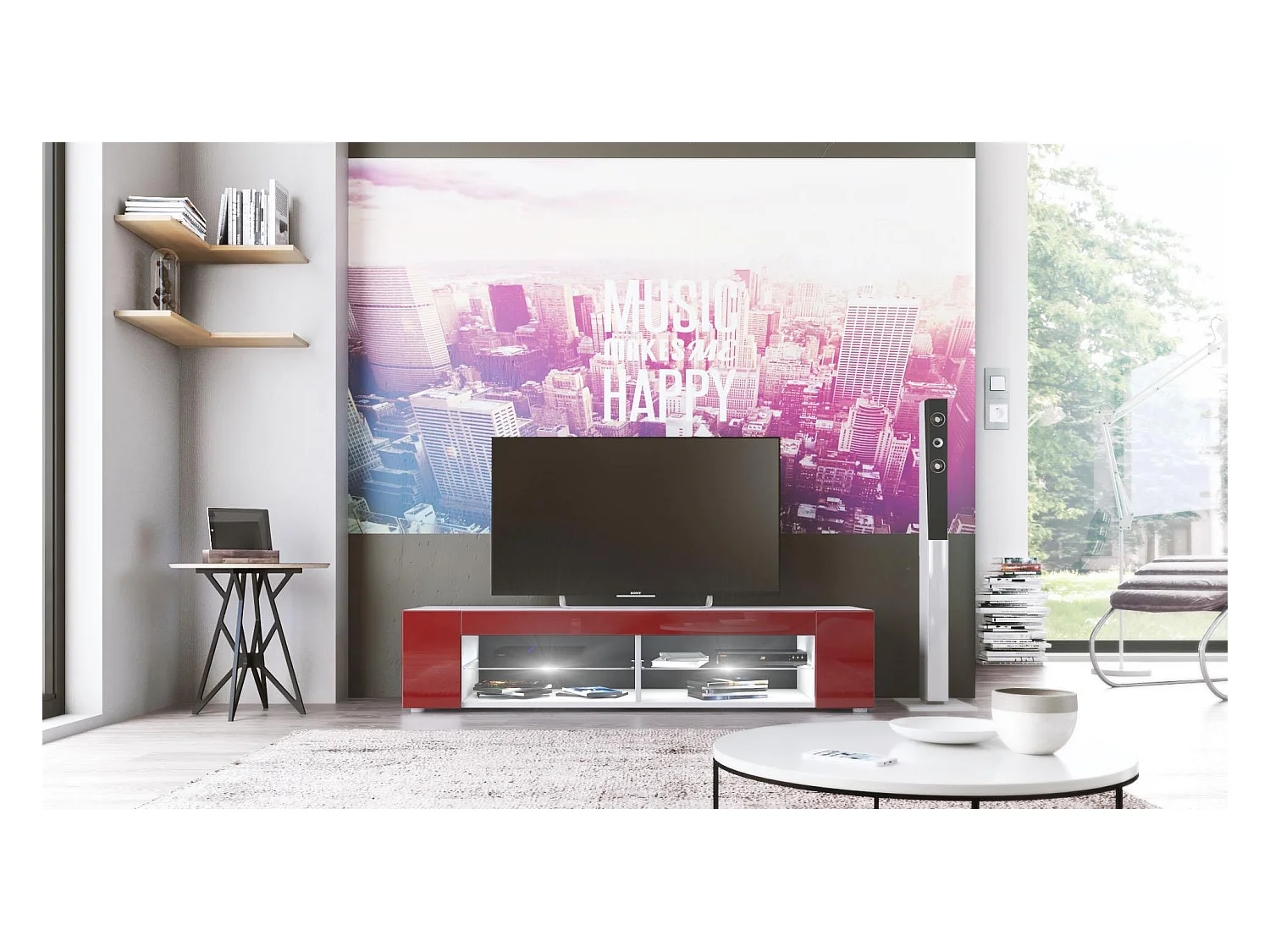 Buffet bas Movie, Meuble TV avec 4 compartiments ouverts et placages décoratifs, Blanc mat/Bordeaux brillant, éclairage LED blanc inclus (134 x 29 x 39 cm)