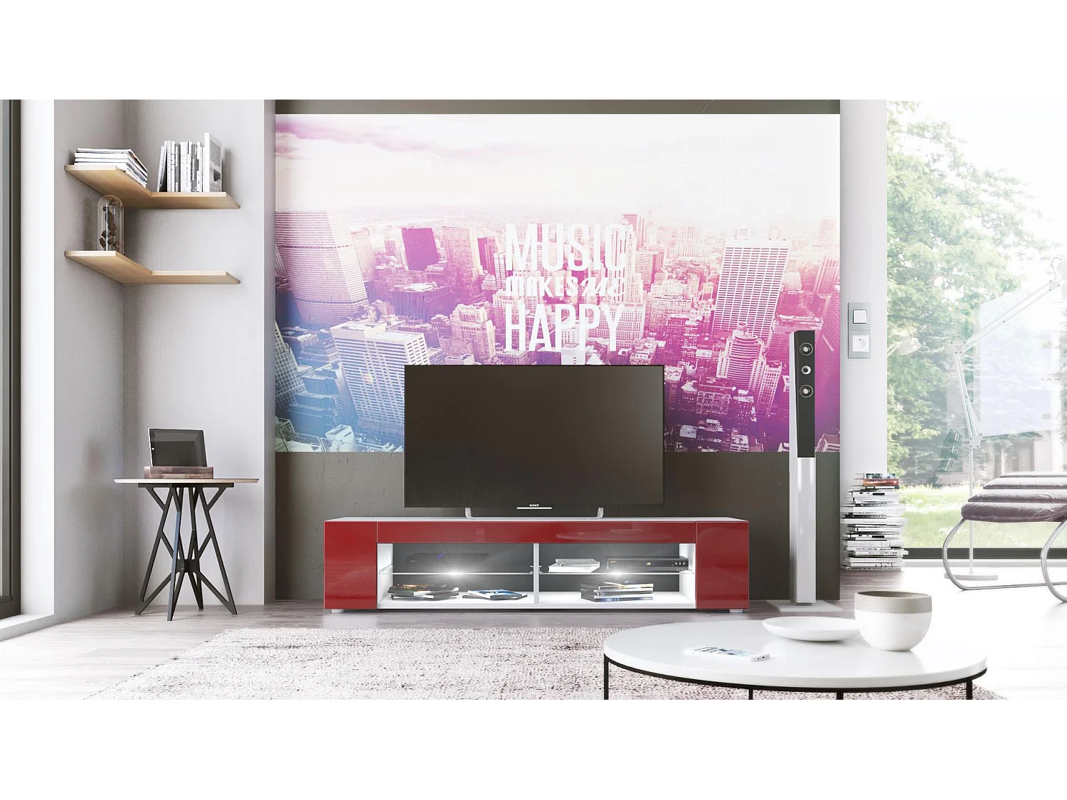 Buffet bas Movie, Meuble TV avec 4 compartiments ouverts et placages décoratifs, Blanc mat/Bordeaux brillant, éclairage LED blanc inclus (134 x 29 x 39 cm)