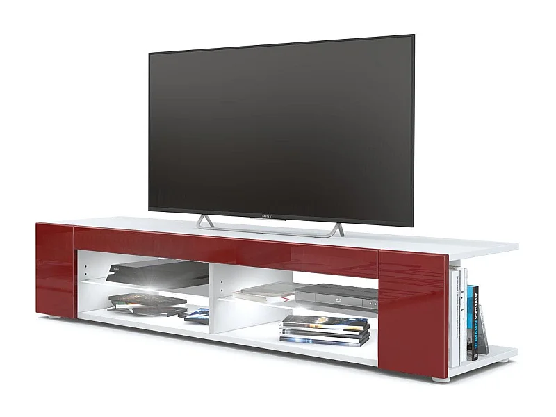 Buffet bas Movie, Meuble TV avec 4 compartiments ouverts et placages décoratifs, Blanc mat/Bordeaux brillant, éclairage LED blanc inclus (134 x 29 x 39 cm)