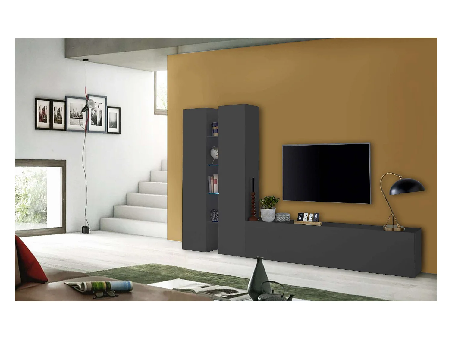 Meuble TV de salon moderne 2 armoires 4 étagères gris Sage RT