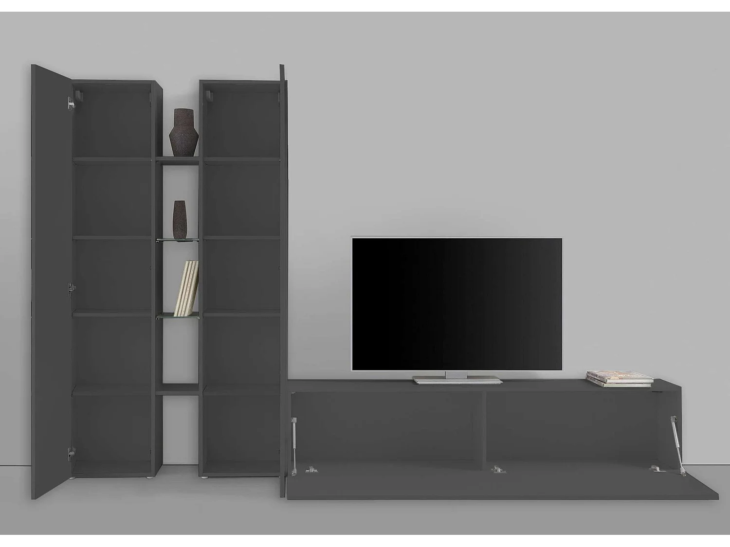 Meuble TV de salon moderne 2 armoires 4 étagères gris Sage RT