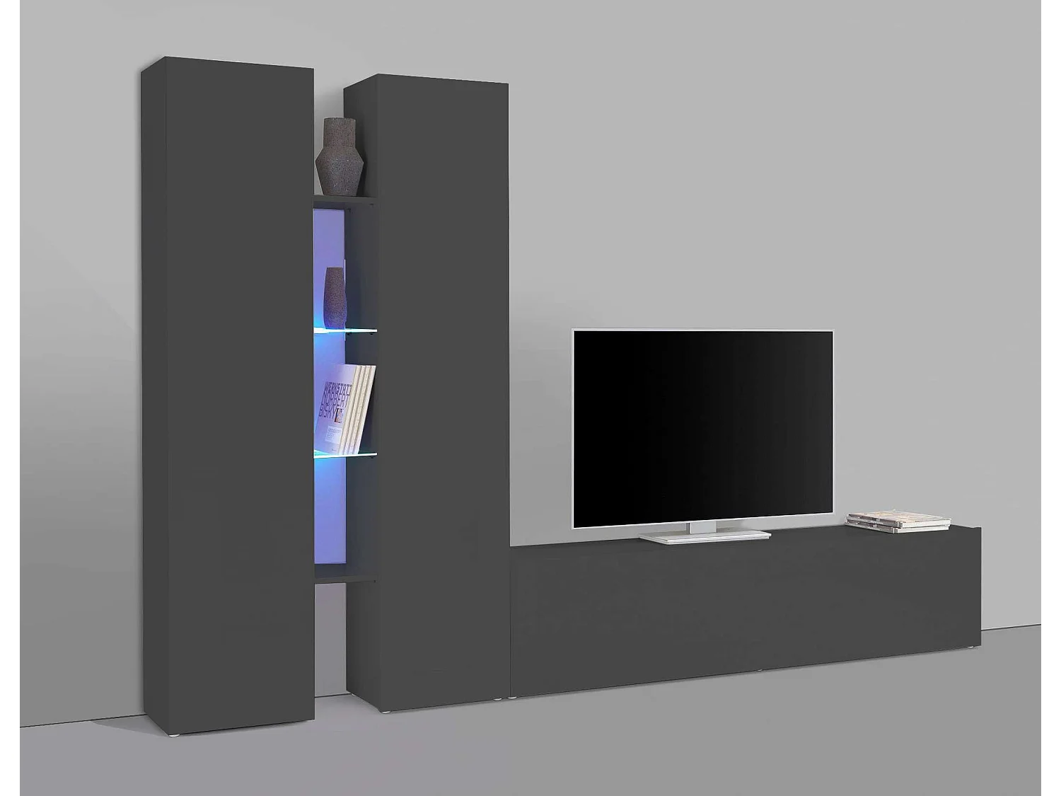 Meuble TV de salon moderne 2 armoires 4 étagères gris Sage RT