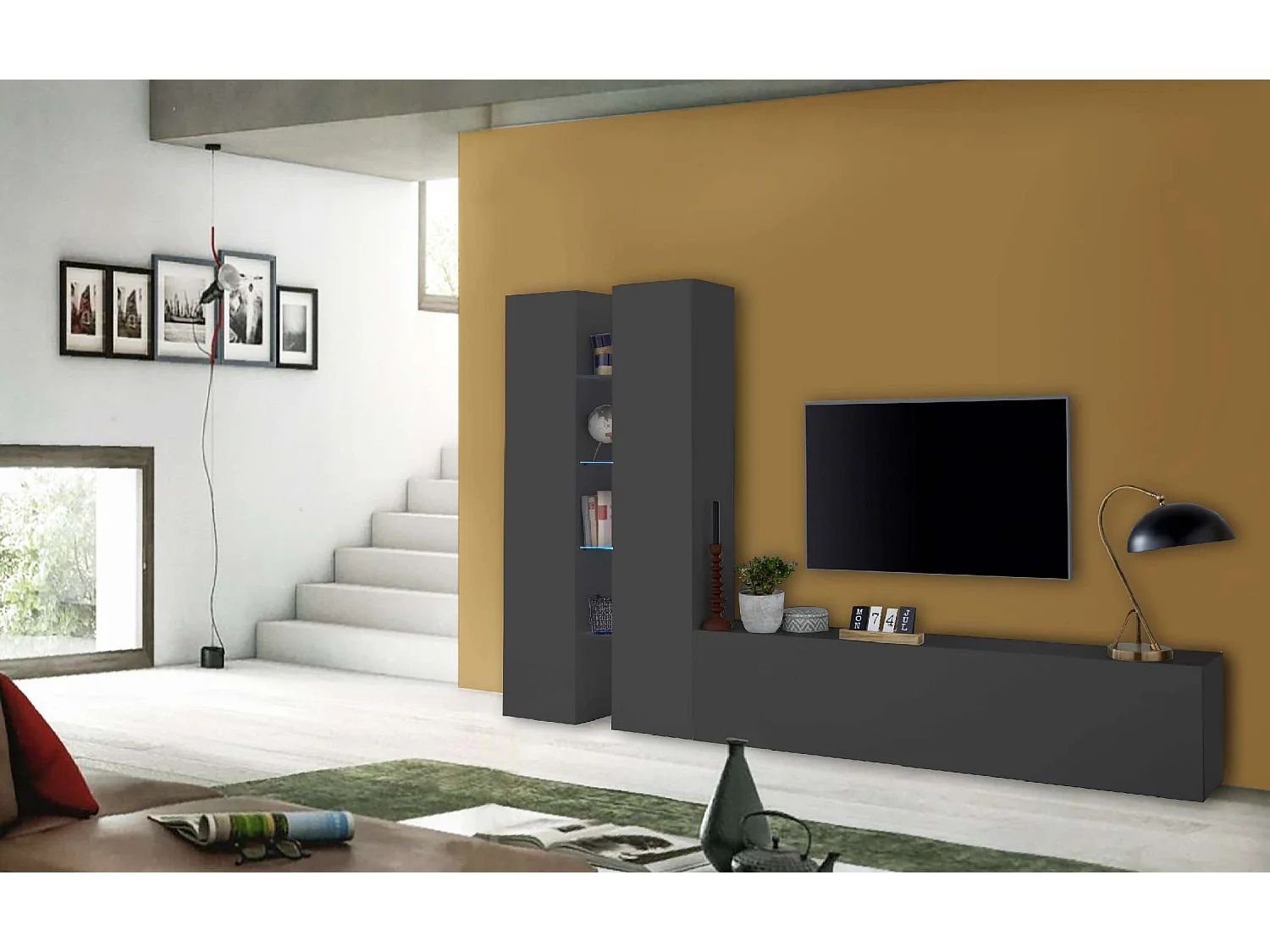 Parete attrezzata TV soggiorno moderno 2 armadi 4 mensole grigia Sage RT