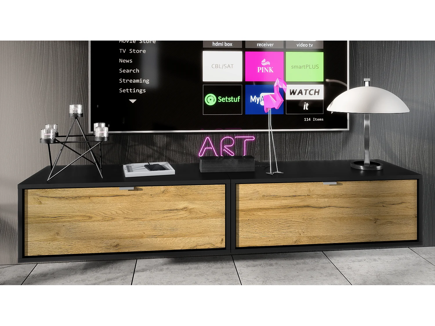 Ensemble de 2 set meuble TV Lana 80, lowboards de 80 x 29 x 37 cm chacun avec beaucoup d'espace de rangement, caisson en Noir mat, façades en Chêne Nature