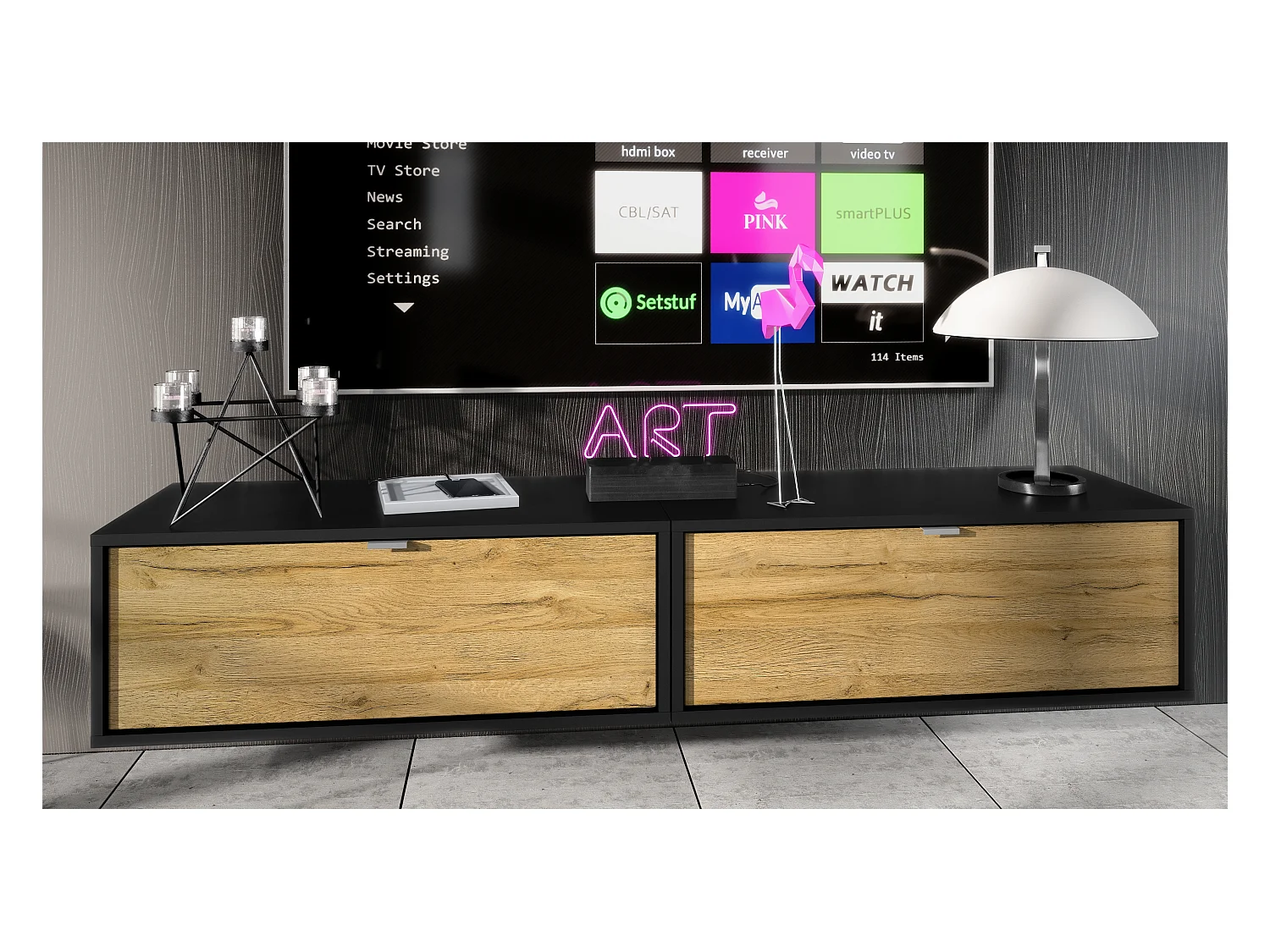 Ensemble de 2 set meuble TV Lana 80, lowboards de 80 x 29 x 37 cm chacun avec beaucoup d'espace de rangement, caisson en Noir mat, façades en Chêne Nature