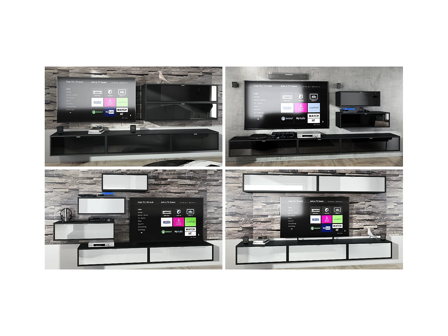 Ensemble de 2 set meuble TV Lana 80, lowboards de 80 x 29 x 37 cm chacun avec beaucoup d'espace de rangement, caisson en Noir mat, façades en Chêne Nature