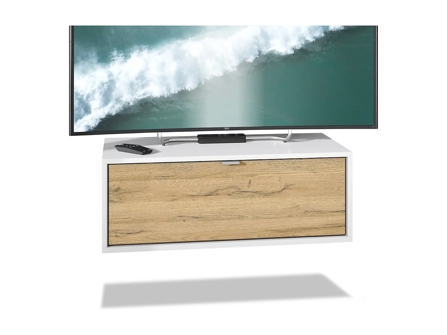 Vladon Mueble televisor Lana 80 Mueble de Pared para televisión 80 x 29 x 37 cm, Cuerpo en Blanco Mate, Frentes en Roble natural | Gran Variedad de Colores