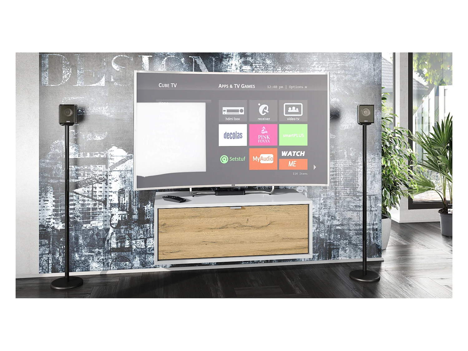 Vladon Mueble televisor Lana 80 Mueble de Pared para televisión 80 x 29 x 37 cm, Cuerpo en Blanco Mate, Frentes en Roble natural | Gran Variedad de Colores
