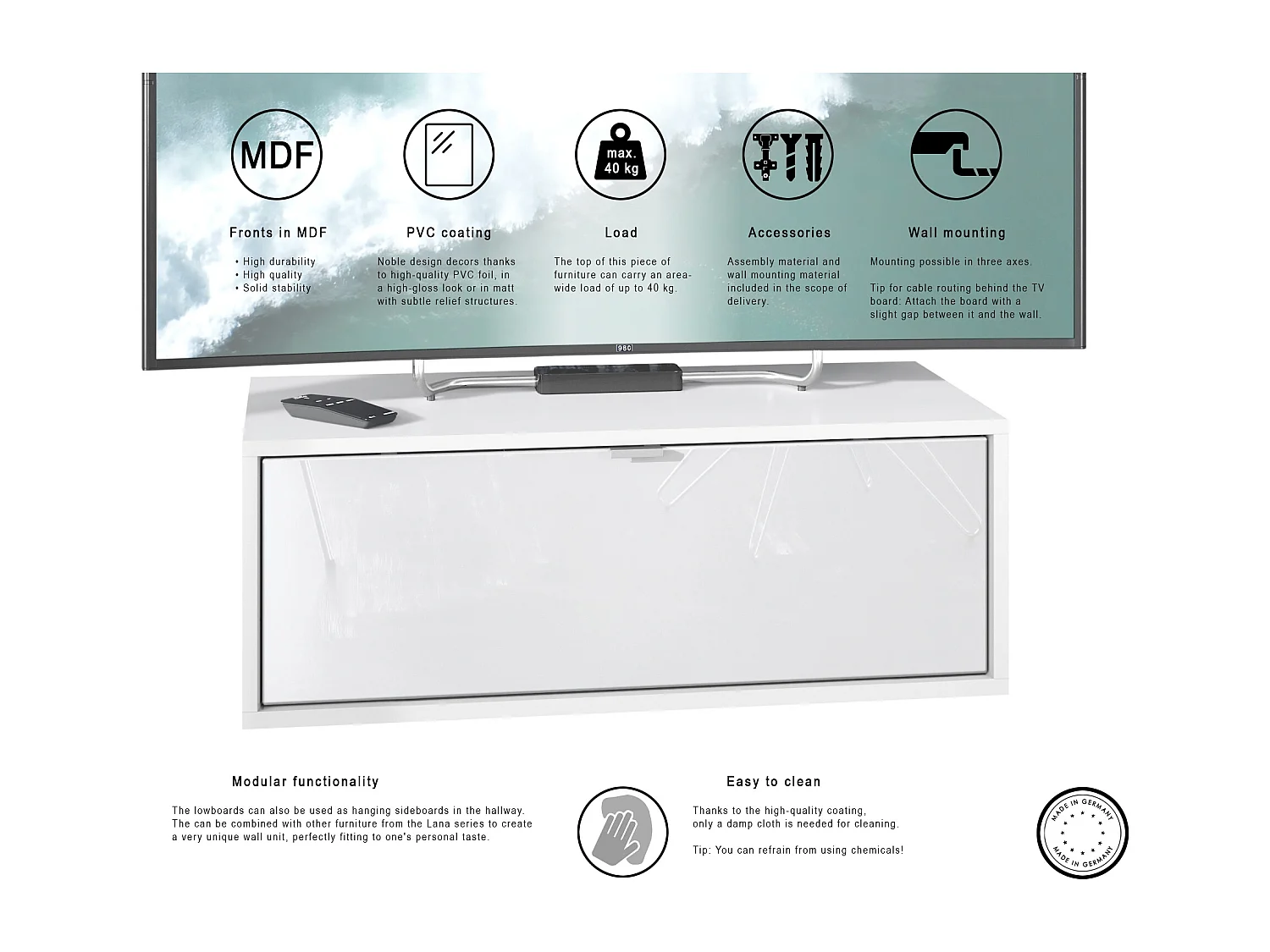 Meuble TV Lana 80 armoire murale lowboard 80 x 29 x 37 cm, caisson en blanc mat, façades en Chêne Nature | Grand choix de couleurs