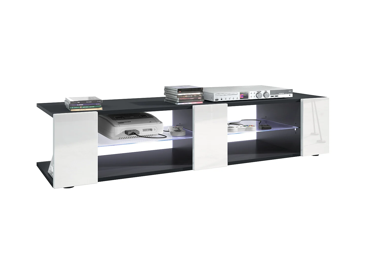 Buffet bas Movie V2, Meuble TV avec 6 compartiments ouverts et placages décoratifs, Noir mat/Blanc brillant, éclairage LED blanc inclus (134 x 29 x 39 cm)