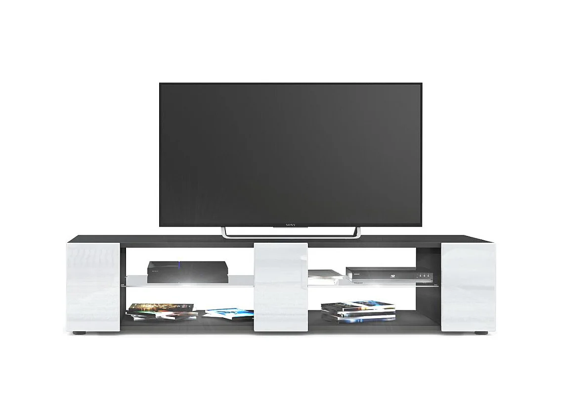 Buffet bas Movie V2, Meuble TV avec 6 compartiments ouverts et placages décoratifs, Noir mat/Blanc brillant, éclairage LED blanc inclus (134 x 29 x 39 cm)