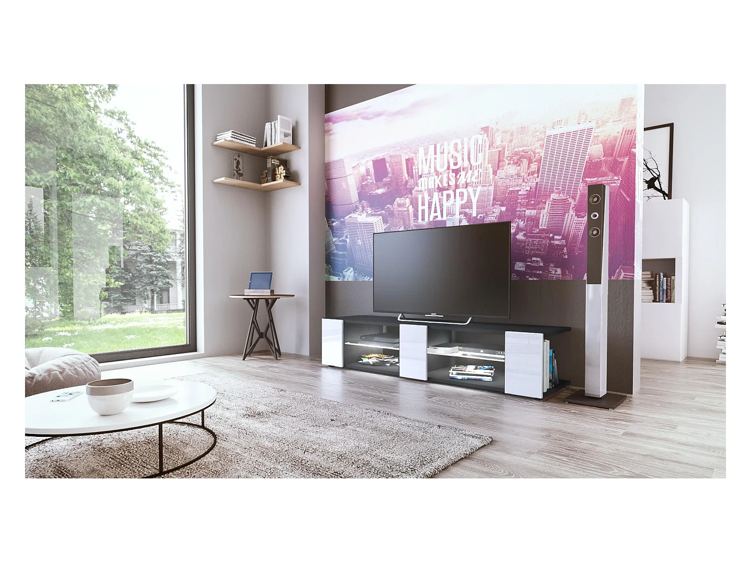 Buffet bas Movie V2, Meuble TV avec 6 compartiments ouverts et placages décoratifs, Noir mat/Blanc brillant, éclairage LED blanc inclus (134 x 29 x 39 cm)