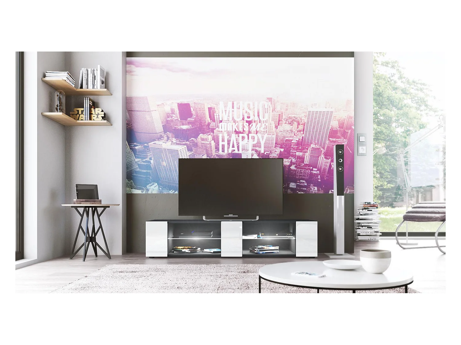 Buffet bas Movie V2, Meuble TV avec 6 compartiments ouverts et placages décoratifs, Noir mat/Blanc brillant, éclairage LED blanc inclus (134 x 29 x 39 cm)
