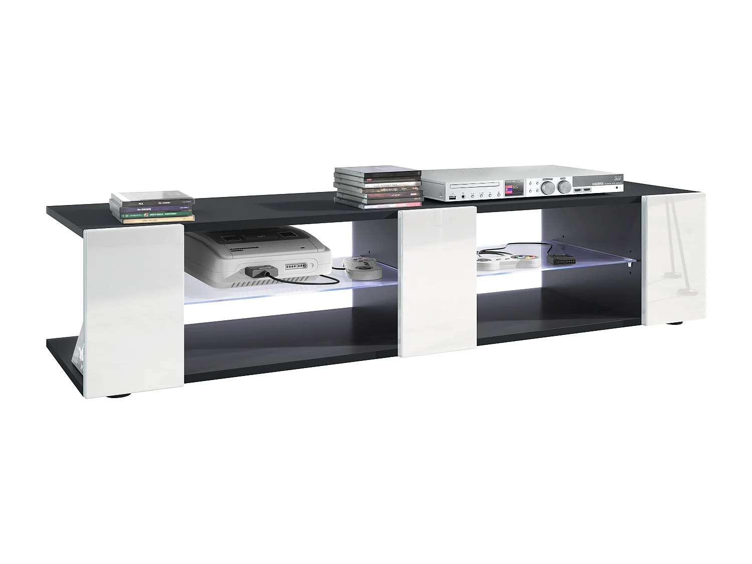 Buffet bas Movie V2, Meuble TV avec 6 compartiments ouverts et placages décoratifs, Noir mat/Blanc brillant, éclairage LED blanc inclus (134 x 29 x 39 cm)