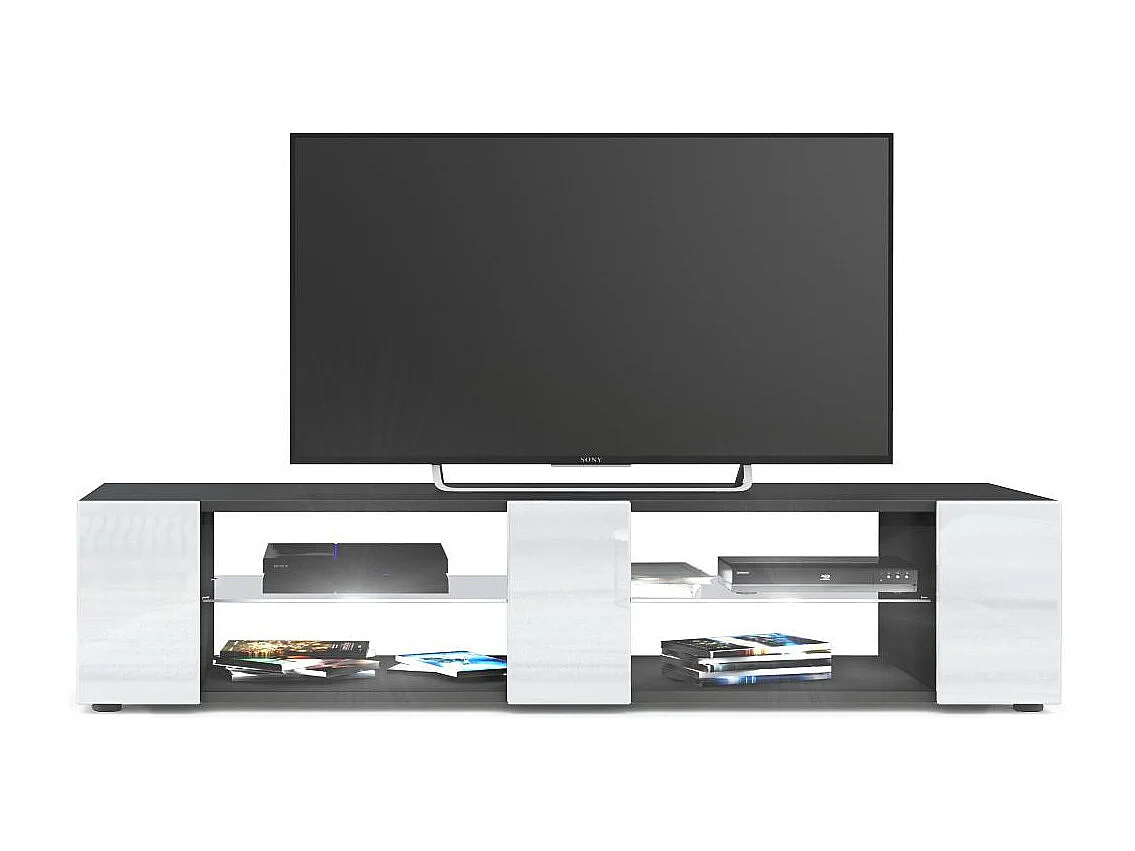 Buffet bas Movie V2, Meuble TV avec 6 compartiments ouverts et placages décoratifs, Noir mat/Blanc brillant, éclairage LED blanc inclus (134 x 29 x 39 cm)