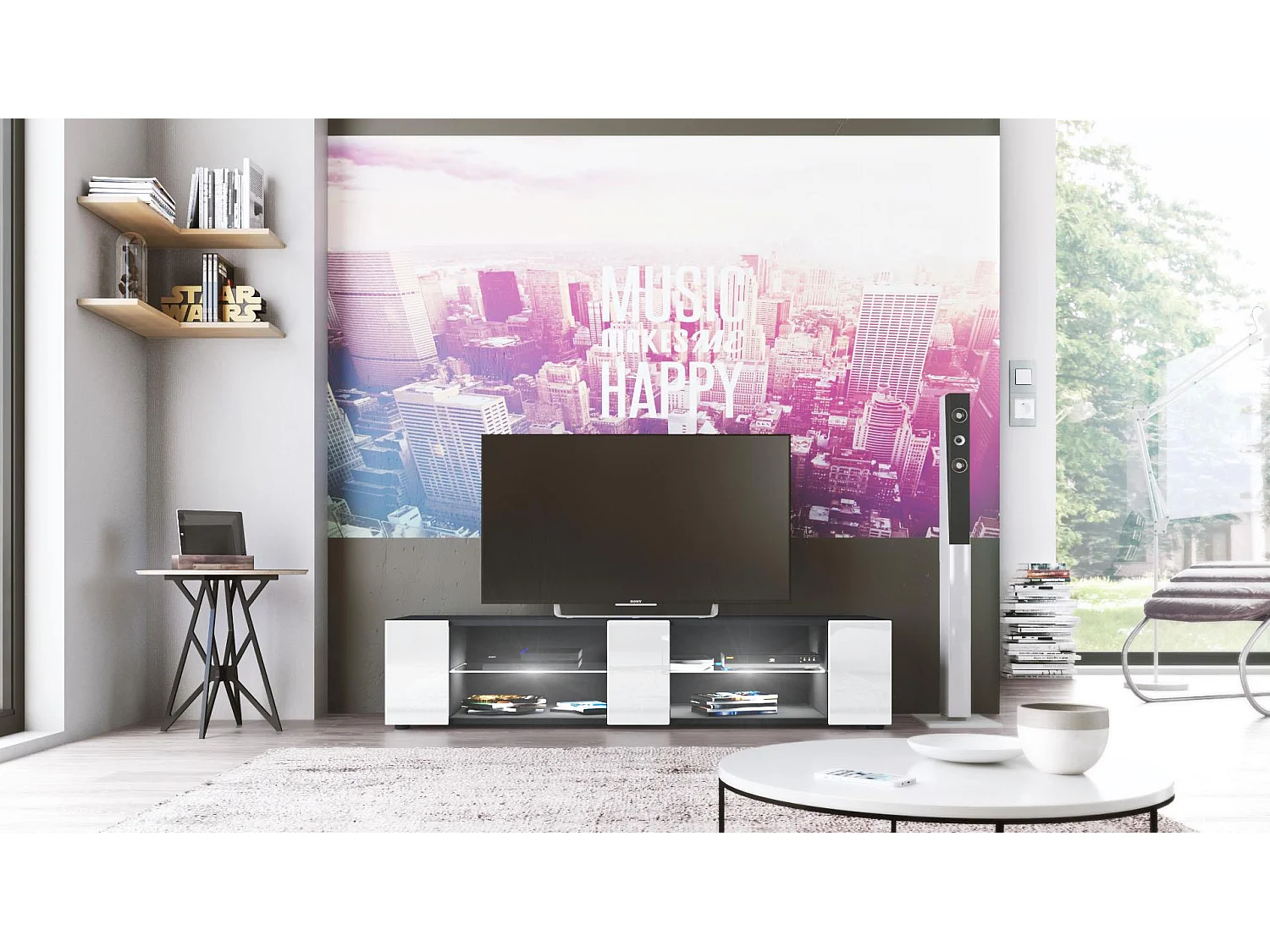 Buffet bas Movie V2, Meuble TV avec 6 compartiments ouverts et placages décoratifs, Noir mat/Blanc brillant, éclairage LED blanc inclus (134 x 29 x 39 cm)
