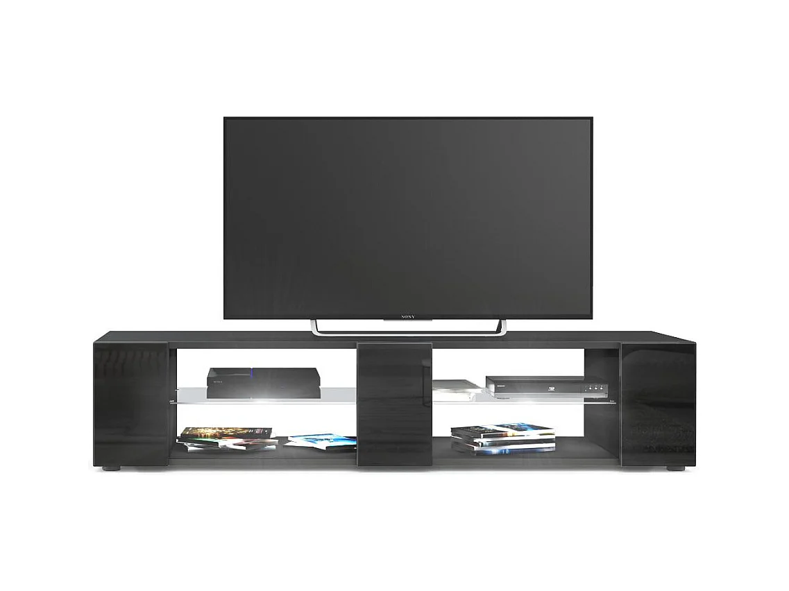 Buffet bas Movie V2, Meuble TV avec 6 compartiments ouverts et placages décoratifs, Noir mat/Noir brillant, éclairage LED blanc inclus (134 x 29 x 39 cm)