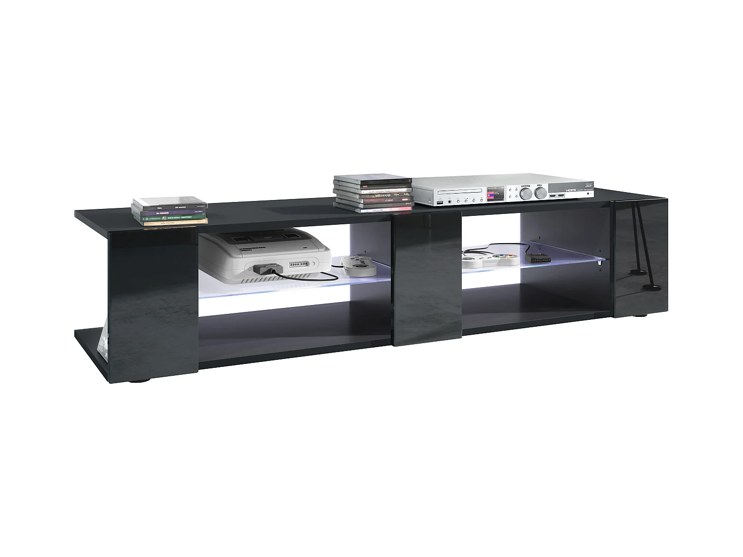 Buffet bas Movie V2, Meuble TV avec 6 compartiments ouverts et placages décoratifs, Noir mat/Noir brillant, éclairage LED blanc inclus (134 x 29 x 39 cm)