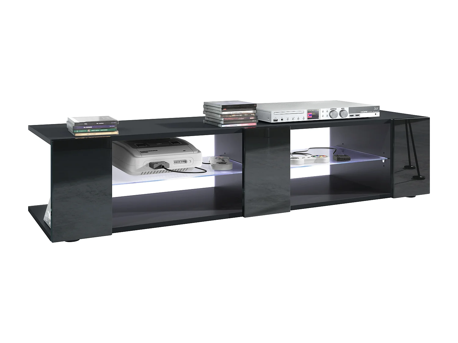 Buffet bas Movie V2, Meuble TV avec 6 compartiments ouverts et placages décoratifs, Noir mat/Noir brillant, éclairage LED blanc inclus (134 x 29 x 39 cm)