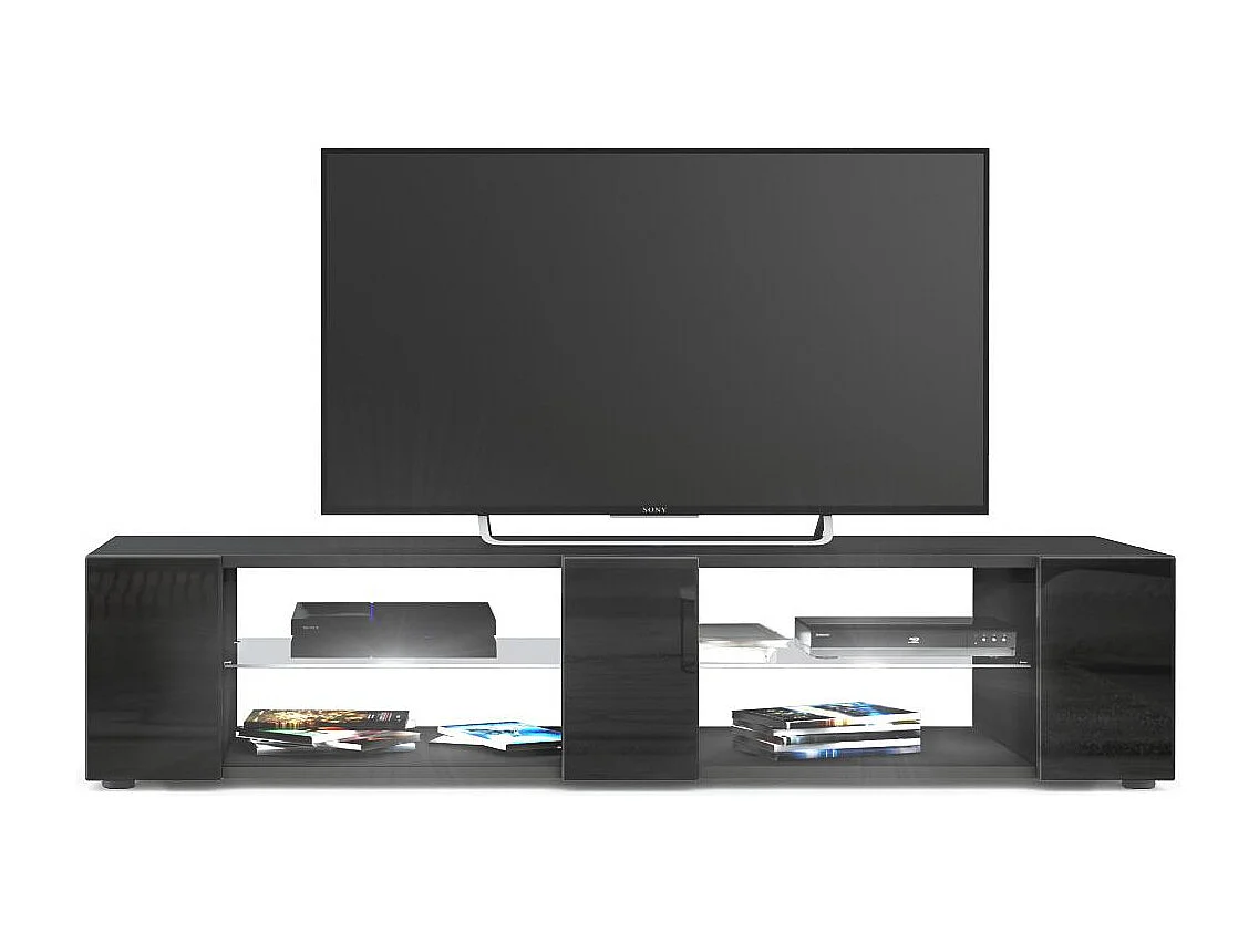 Buffet bas Movie V2, Meuble TV avec 6 compartiments ouverts et placages décoratifs, Noir mat/Noir brillant, éclairage LED blanc inclus (134 x 29 x 39 cm)