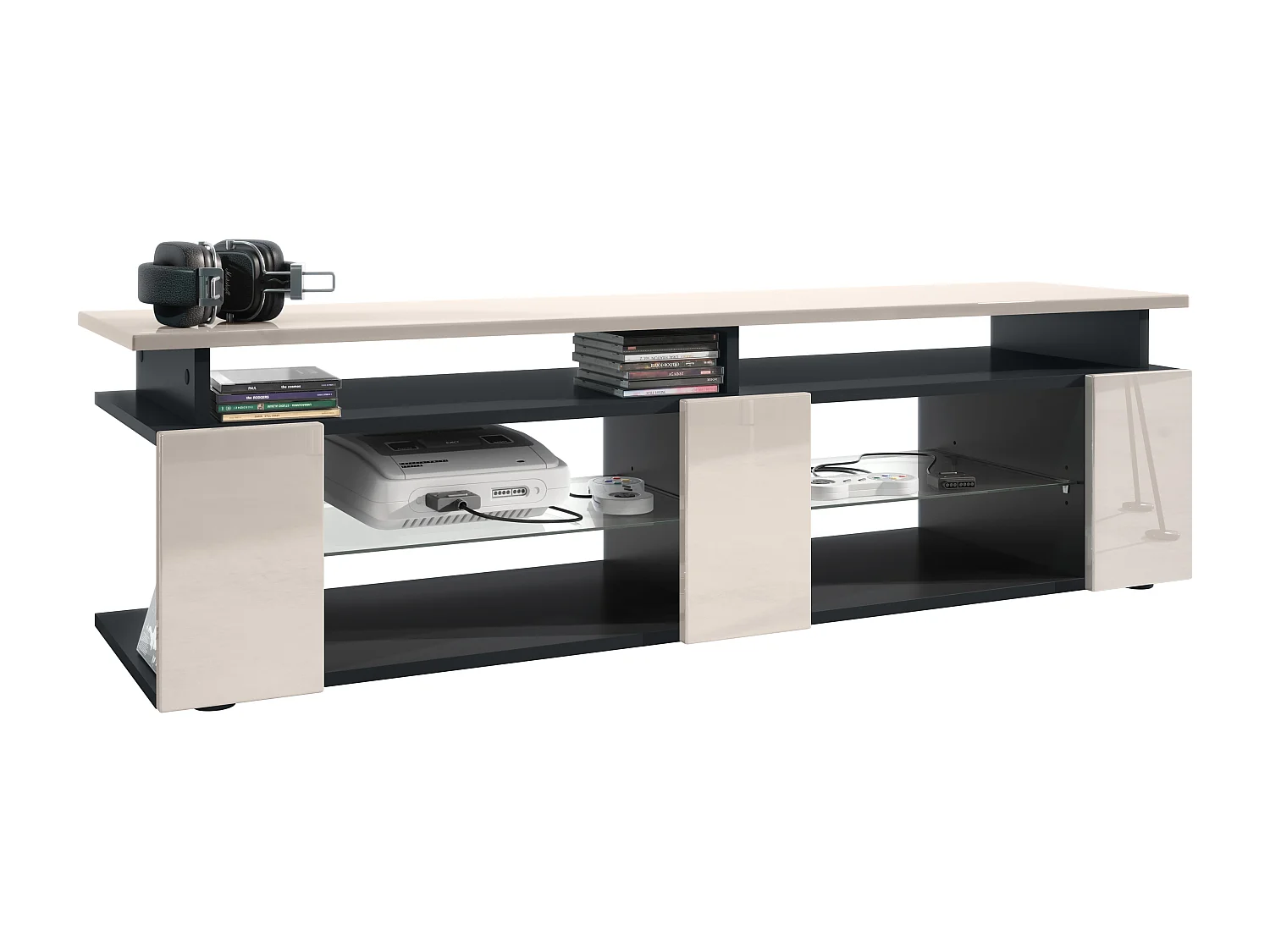 TV Board Movie V2 Game On Lowboard 138,5 x 39 x 39 cm , caisson en noir mat, façades en gris sable haute brillance